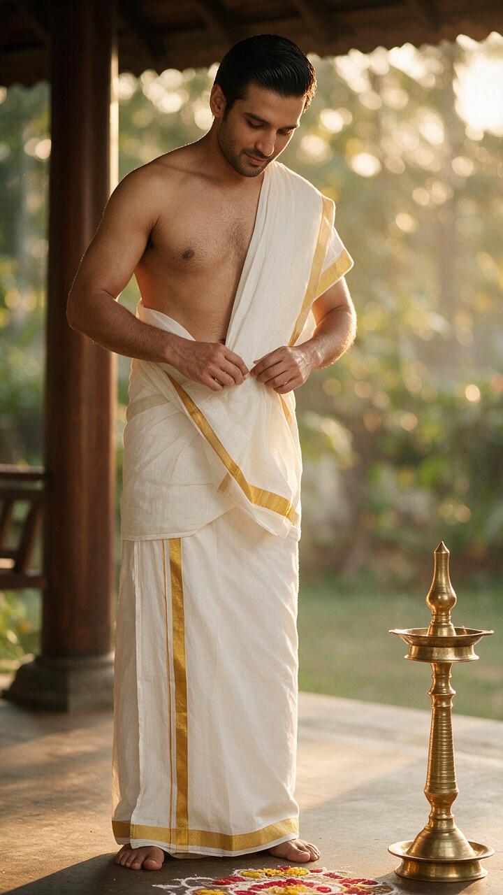 Classic Kasavu Kara Double Mundu Set - Thumbnail 3
