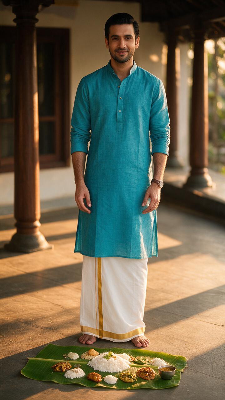 Turquoise Blue Kasavu-Detailed Kurta Set - Thumbnail 3