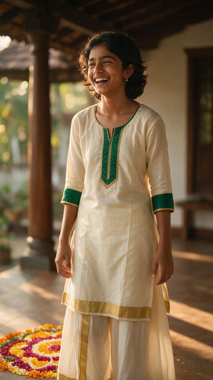 Modern Kasavu Kurti Set with Palazzos - Thumbnail 3