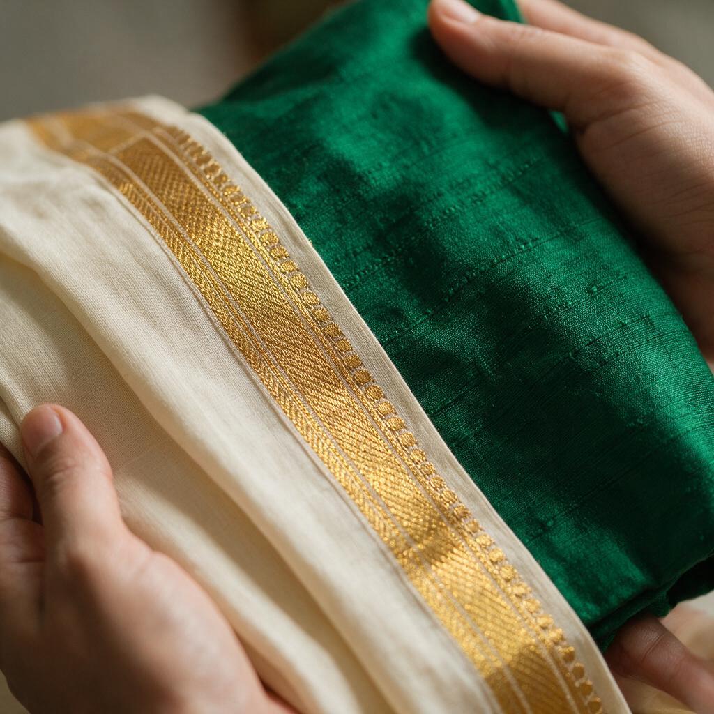 Ivory & Emerald Kasavu Skirt Set - Thumbnail 2