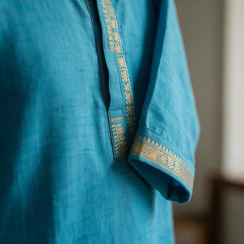 Turquoise Blue Kasavu-Detailed Kurta Set - Thumbnail 2