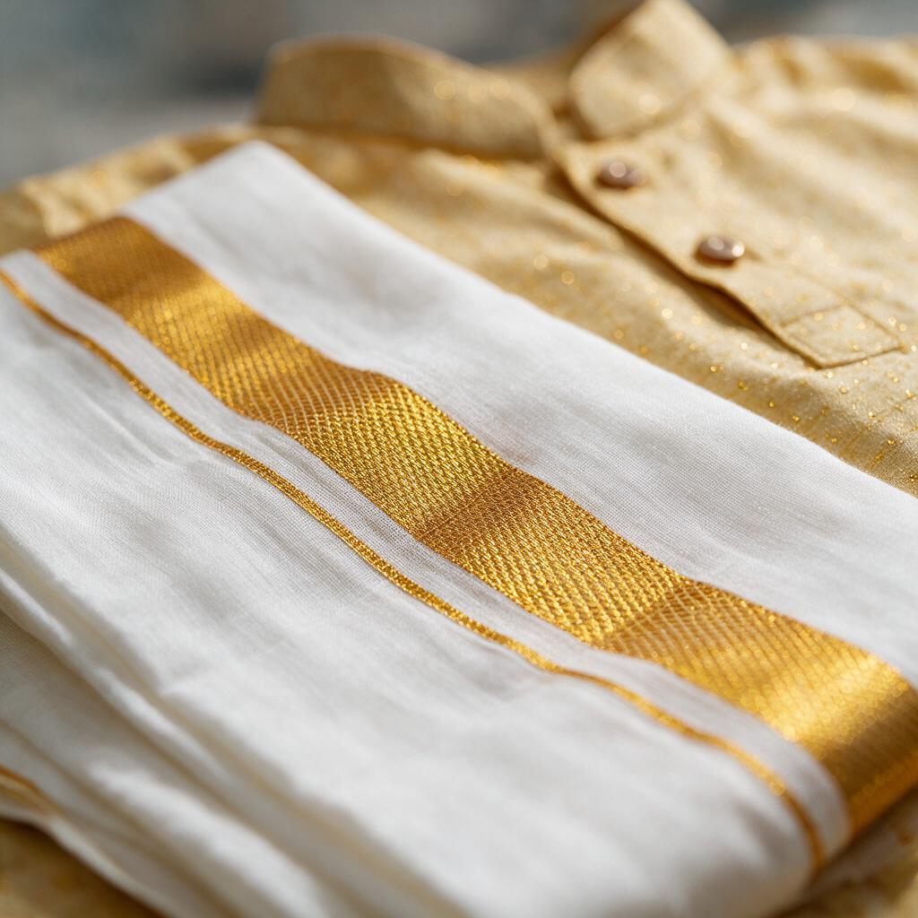 Mini Kasavu Mundu & Golden Sparkle Kurta Set - Thumbnail 2